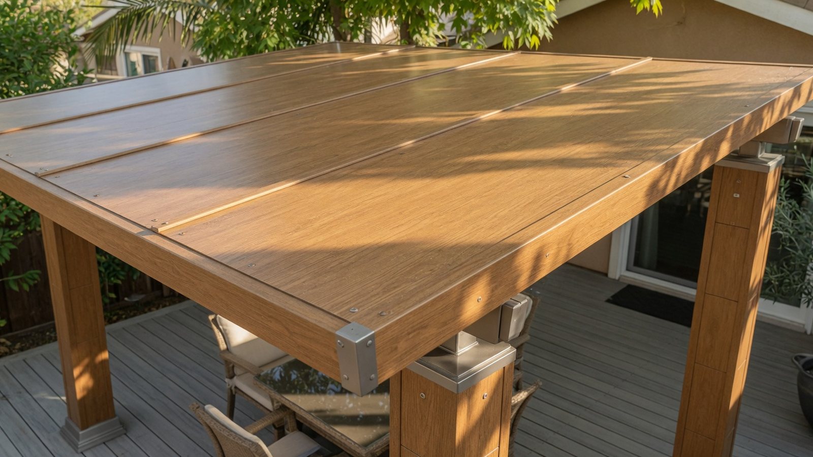Wood-look aluminum patio cover detail with clean columns and dappled shade