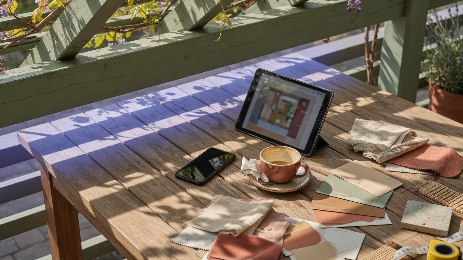 Shaded patio table with phone, coffee, and pergola material samples