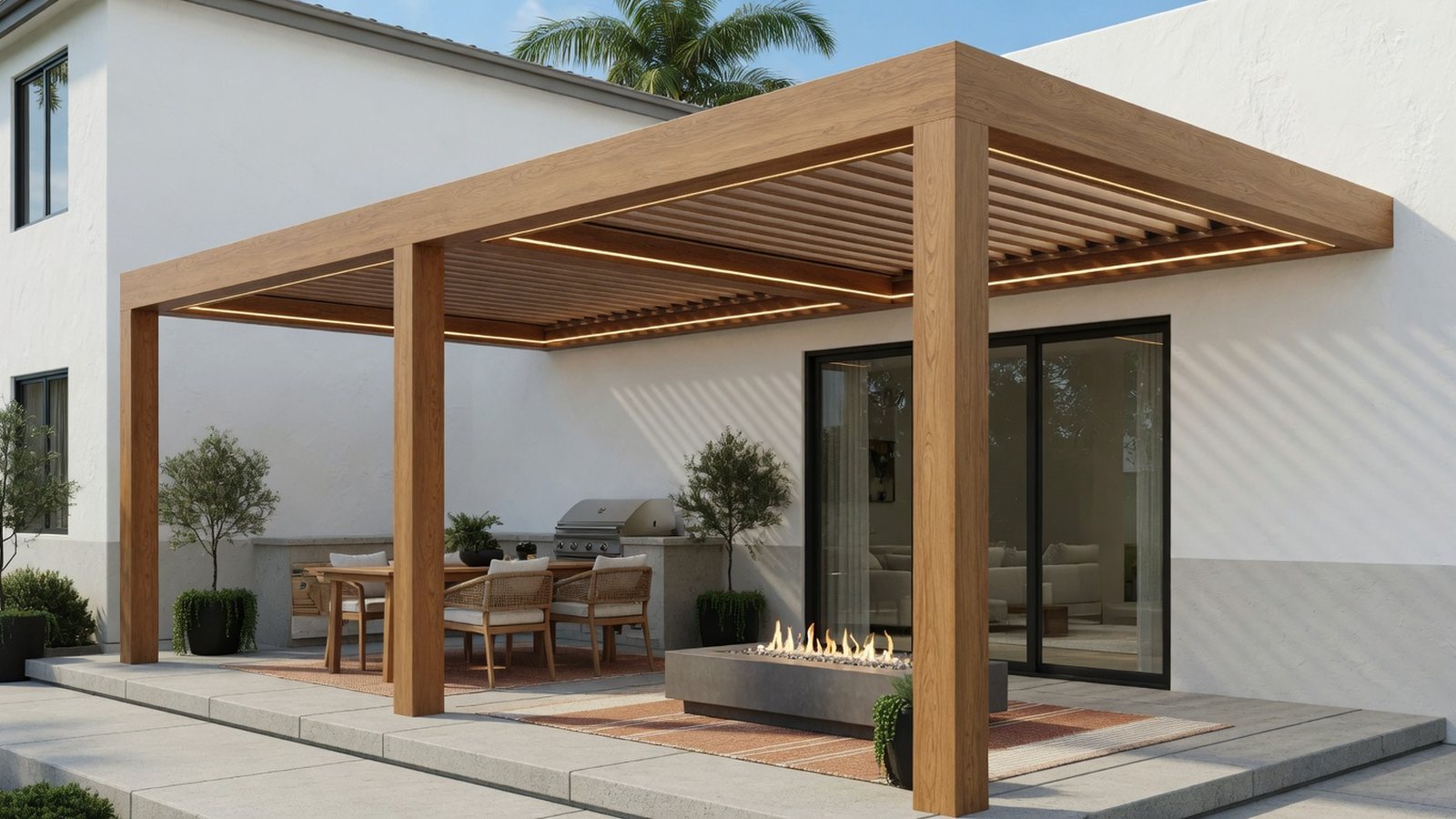 Wood-look aluminum pergola with warm material grain against a white stucco exterior