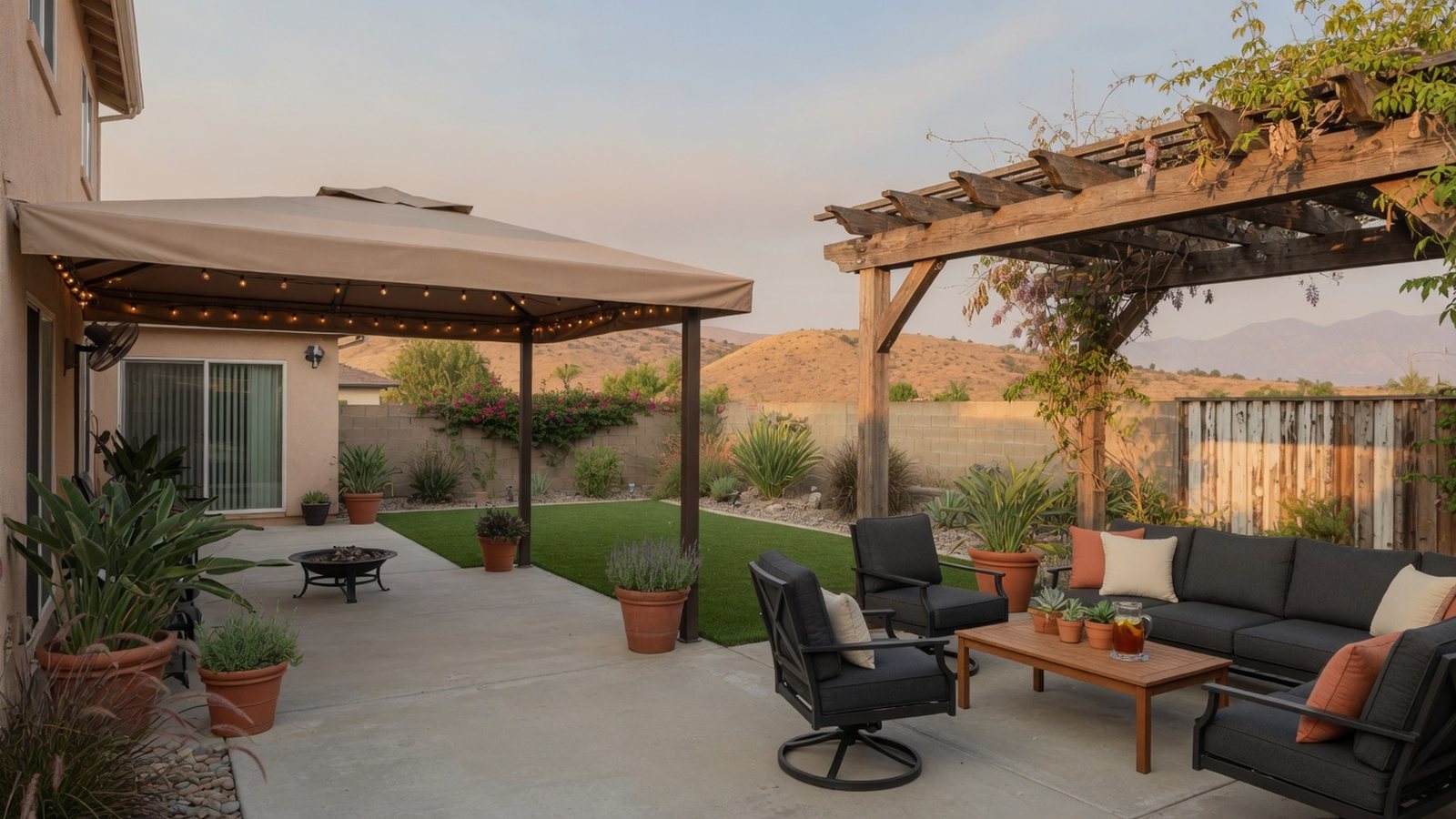 Ontario California backyard with patio cover shade and mountain hints in the distance