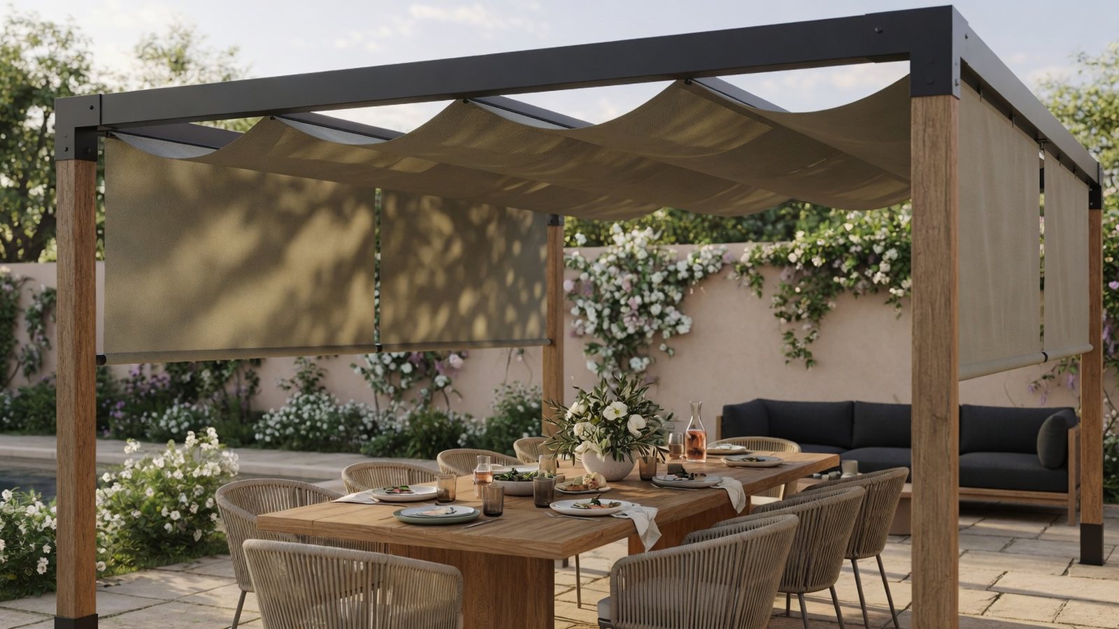 Pergola cover solution filtering sunlight over an outdoor dining area