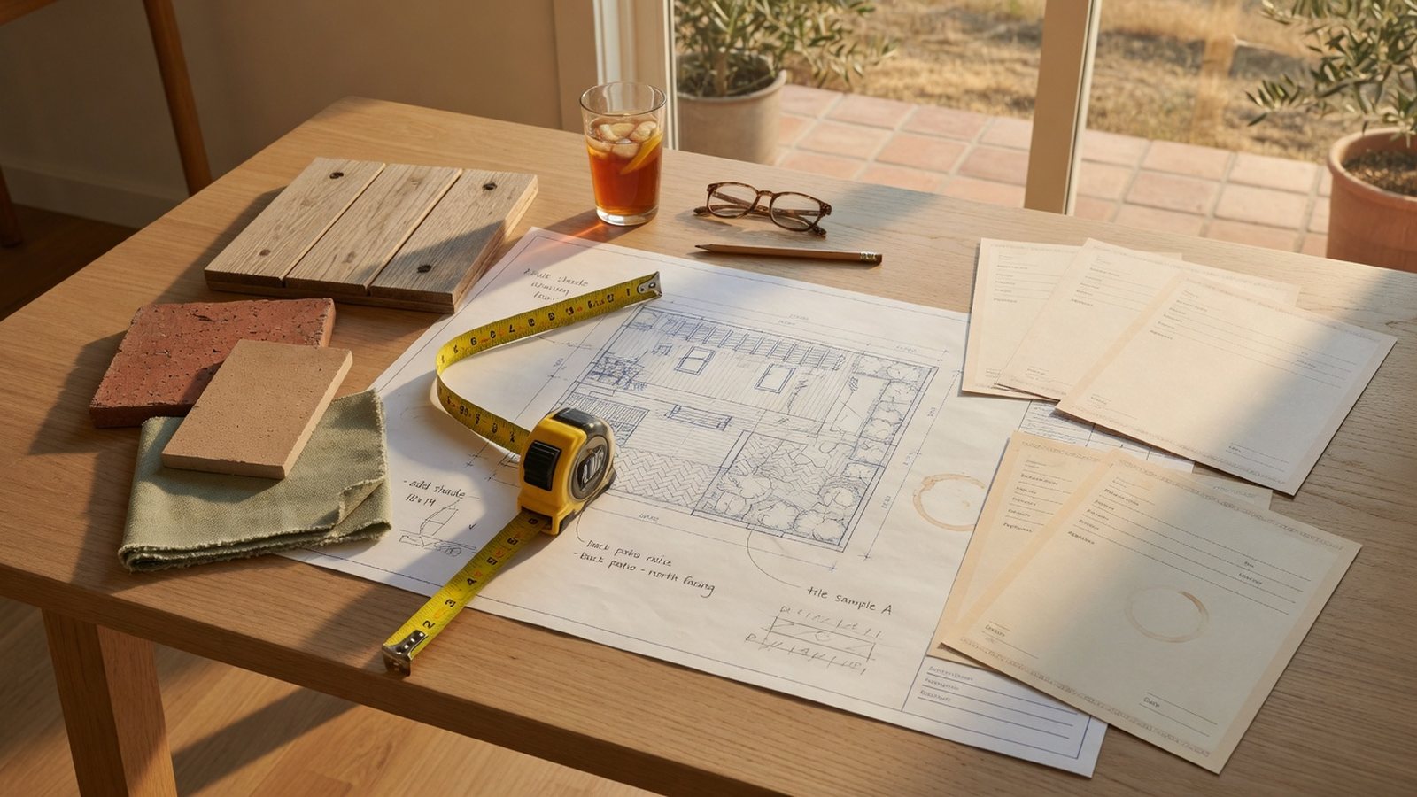 Patio cover planning materials, measurements, and permit notes on a design desk