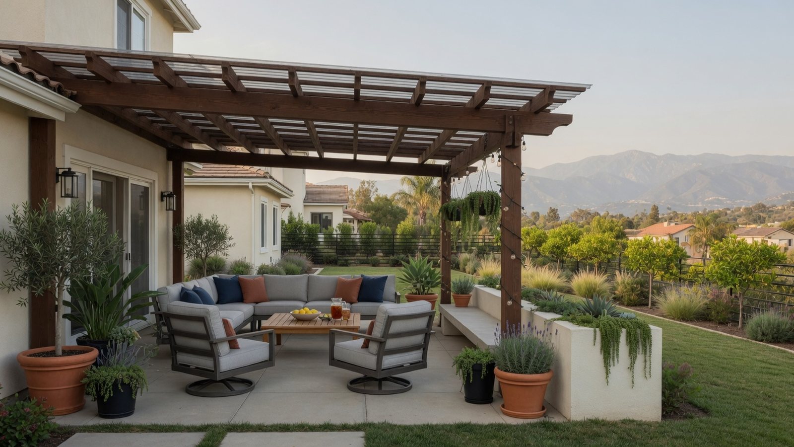 Southern California neighborhood backyard with a comfortable shaded patio structure