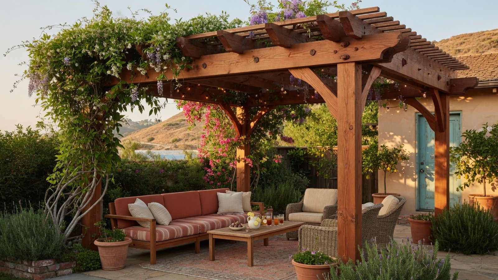 Cedar-toned wood pergola with climbing greenery and shaded seating